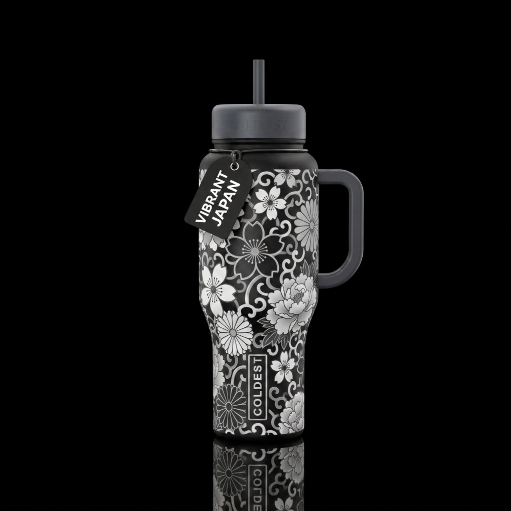 Back and white and Grey Japanese floral patterns water bottle design