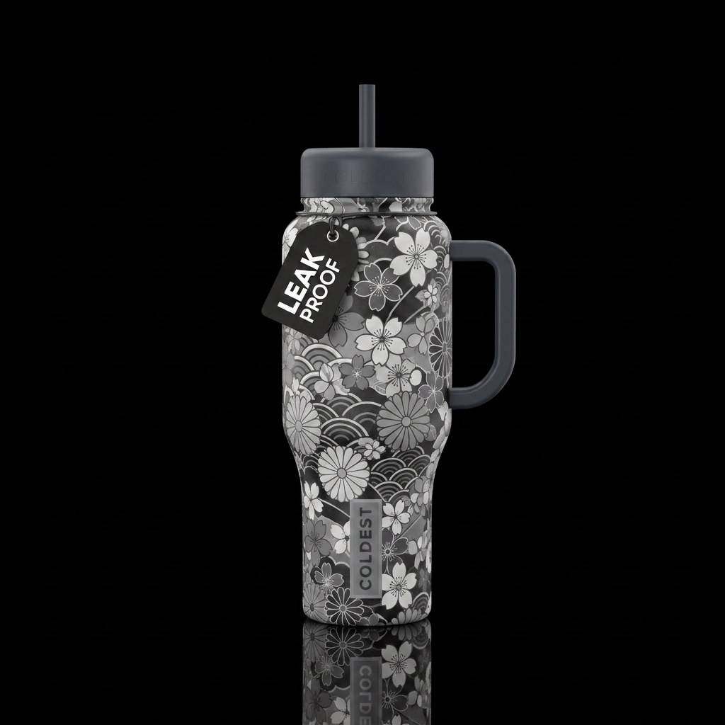 Back and white and Grey Japanese floral patterns water bottle design
