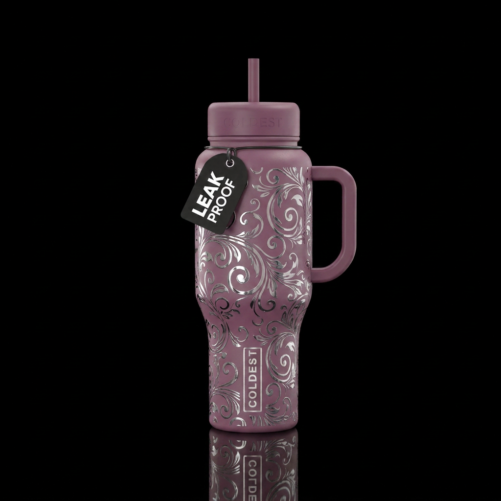 Mauve with chrome floral scrolls water bottle design