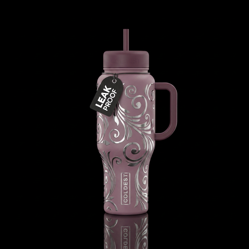 Mauve with chrome floral scrolls water bottle design