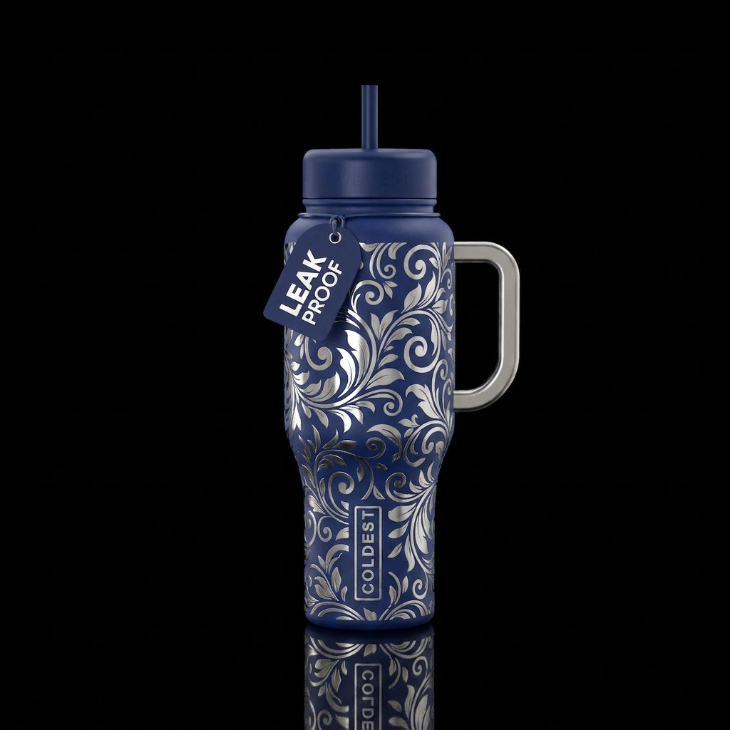 Royal navy with chrome floral scrolls water bottle design
