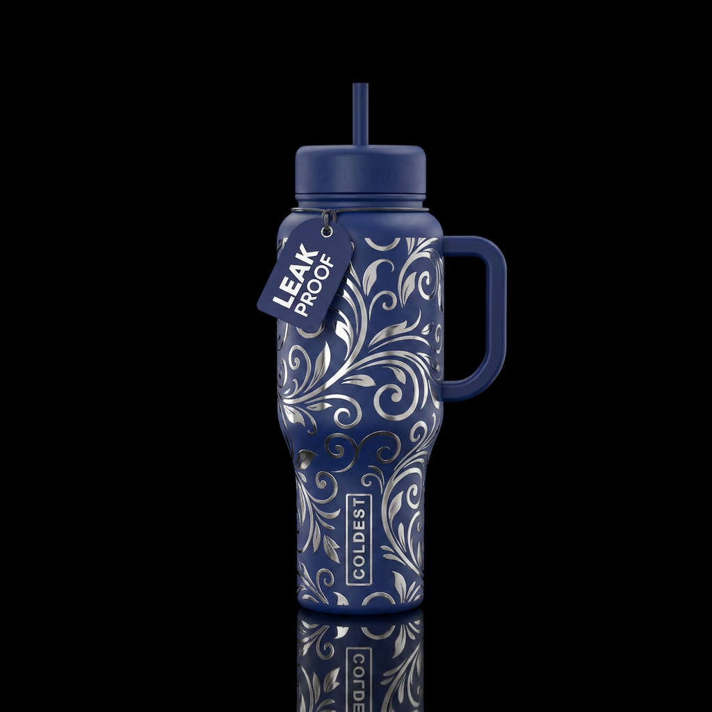 Royal navy with chrome floral scrolls water bottle design
