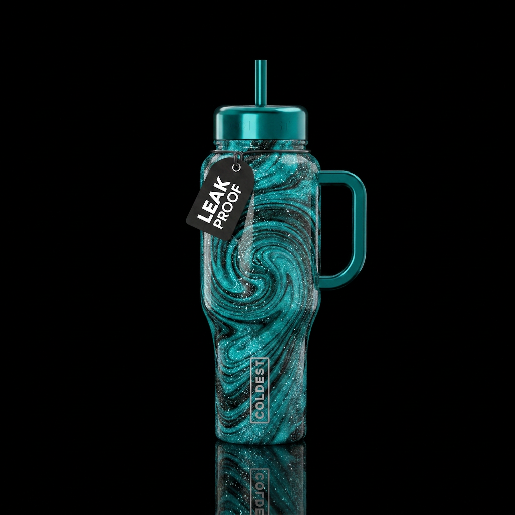 Teal and black swirls with glitter accents water bottle design