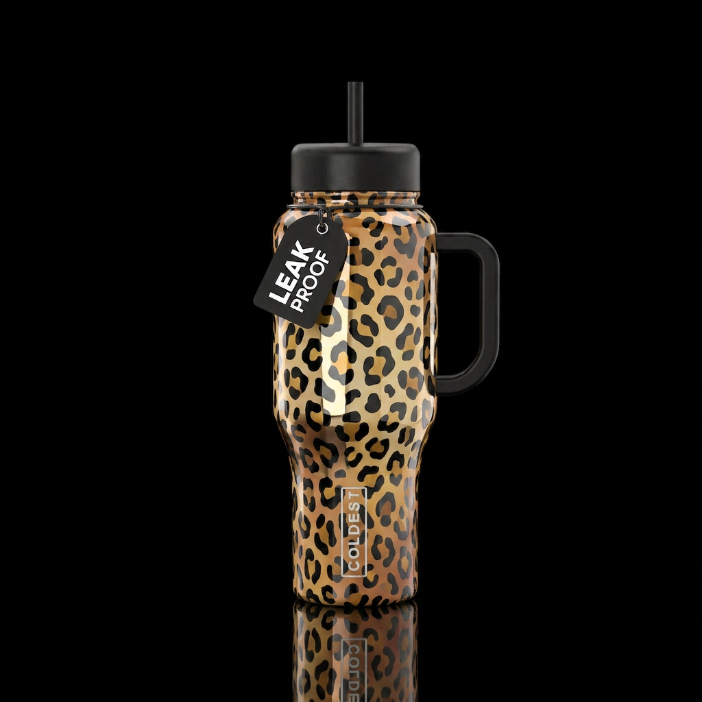 Leopard printblack and mirrored water bottle design