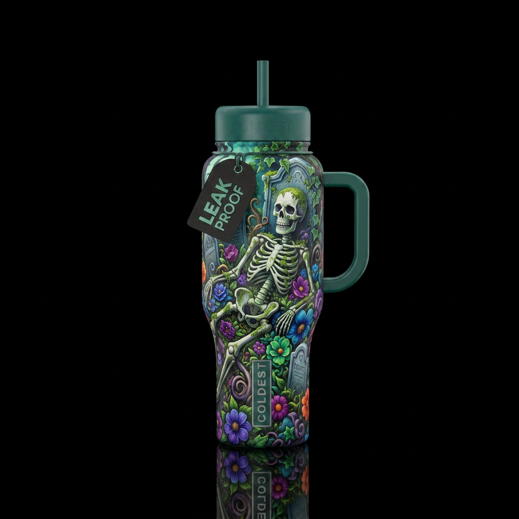 Garden graveyard with skeleton water bottle design