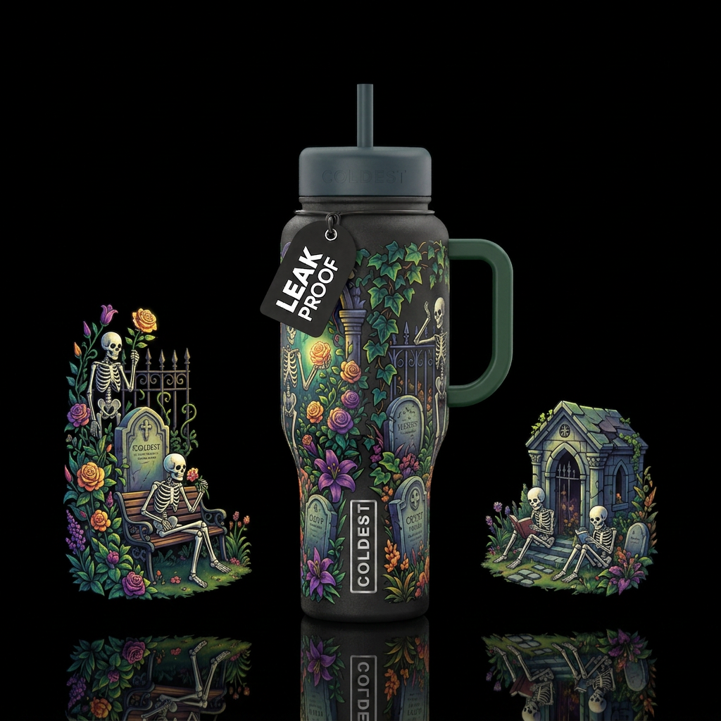 Garden graveyard with skeleton water bottle design