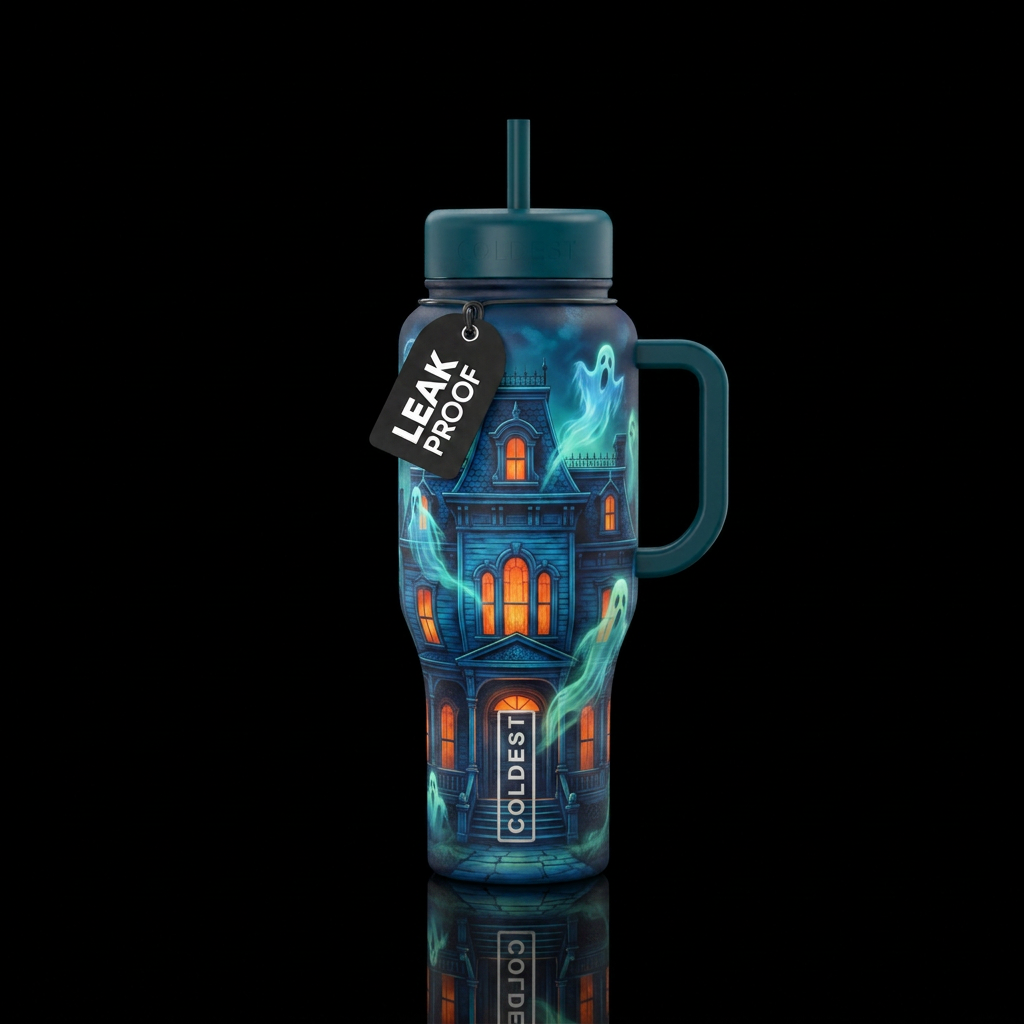 Midnight mansion with glowing windows and ghosts water bottle design