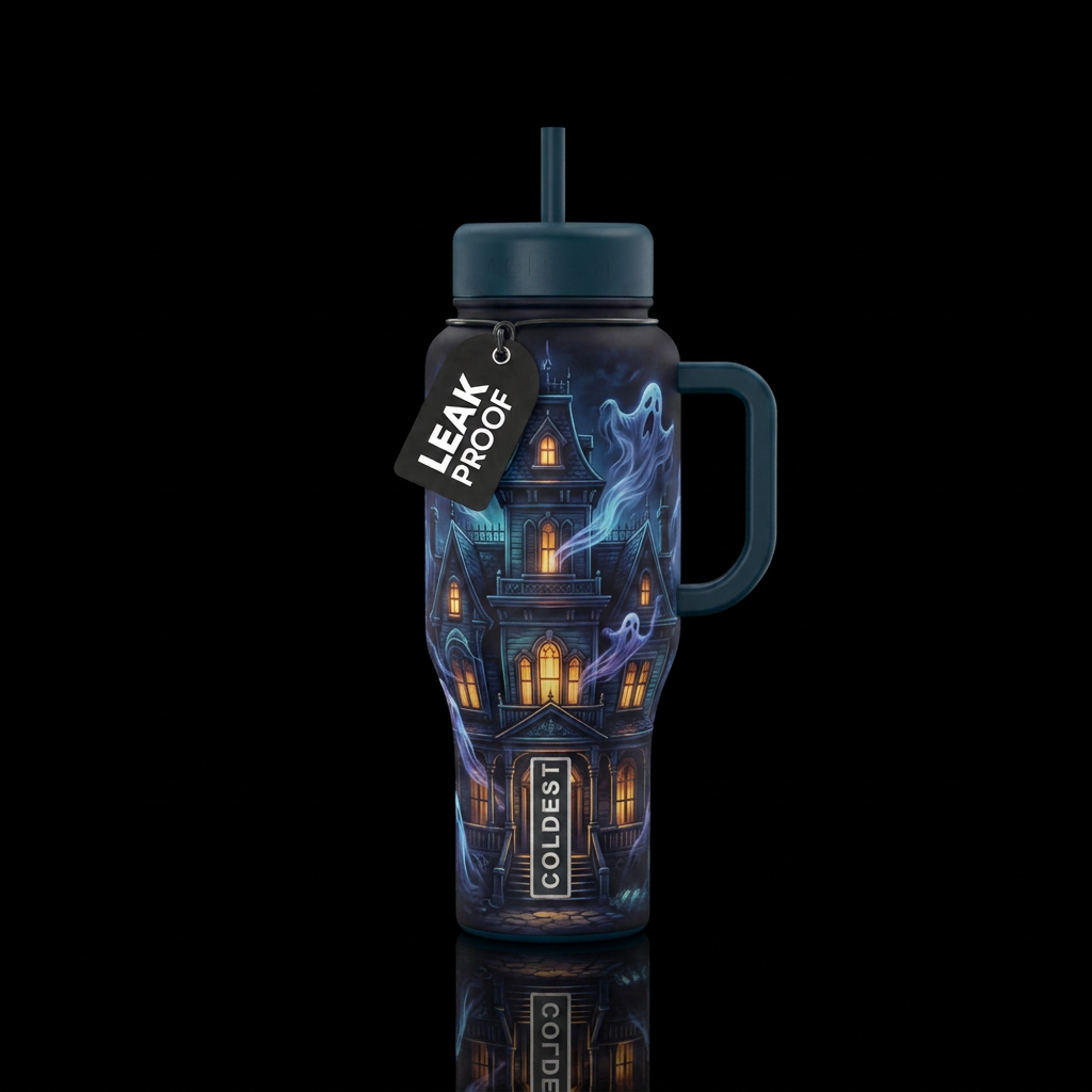 Midnight mansion with glowing windows and ghosts water bottle design