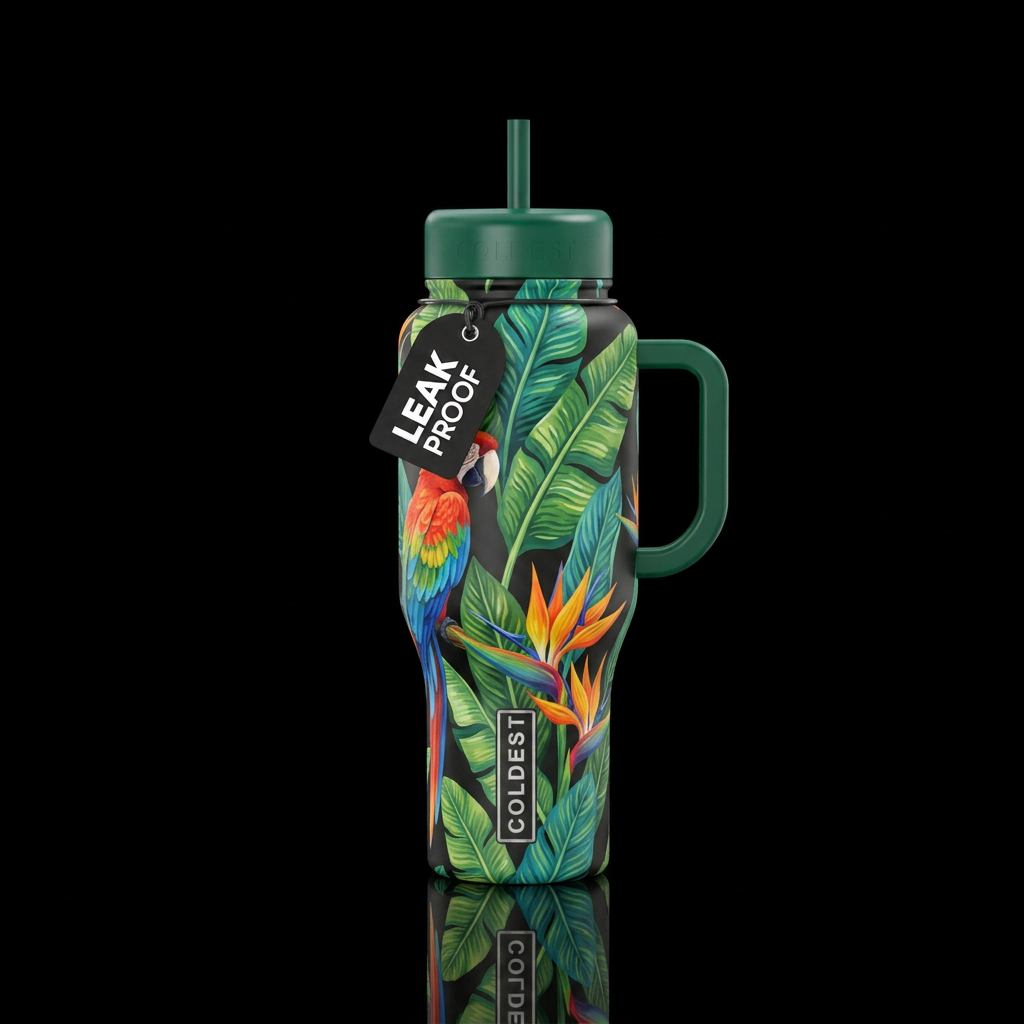 Tropical vibe, banana leaves, macaw, bird of parad... water bottle design