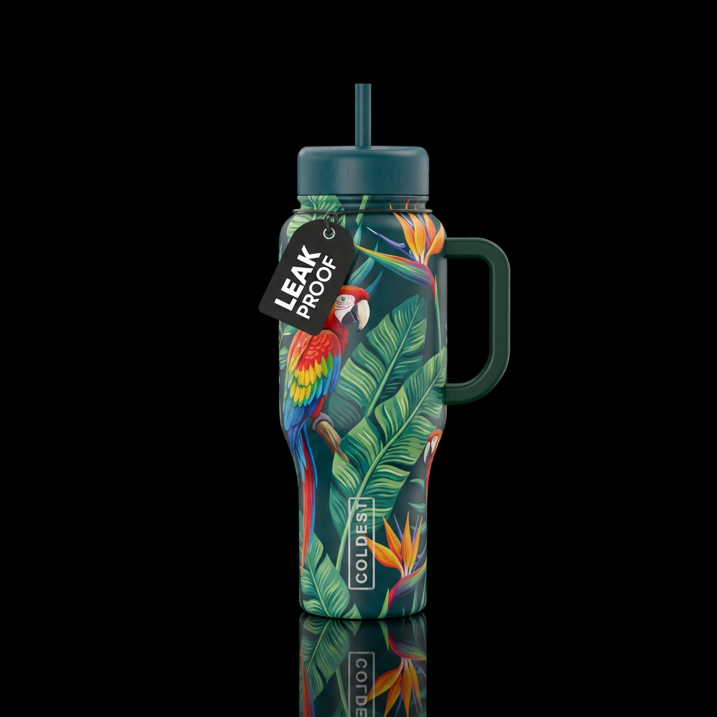 Tropical vibe, banana leaves, macaw, bird of parad... water bottle design