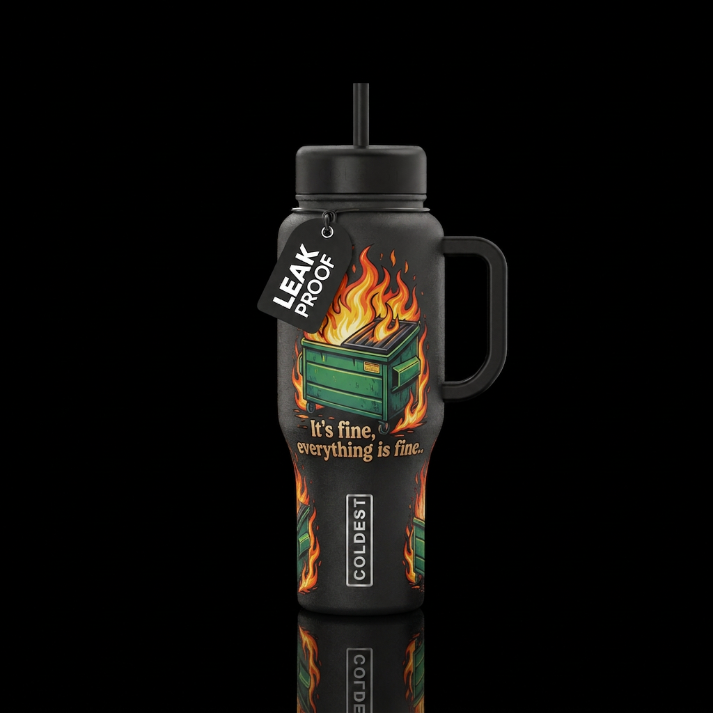 Dumpster fire with." It's fine, everything is fine... water bottle design