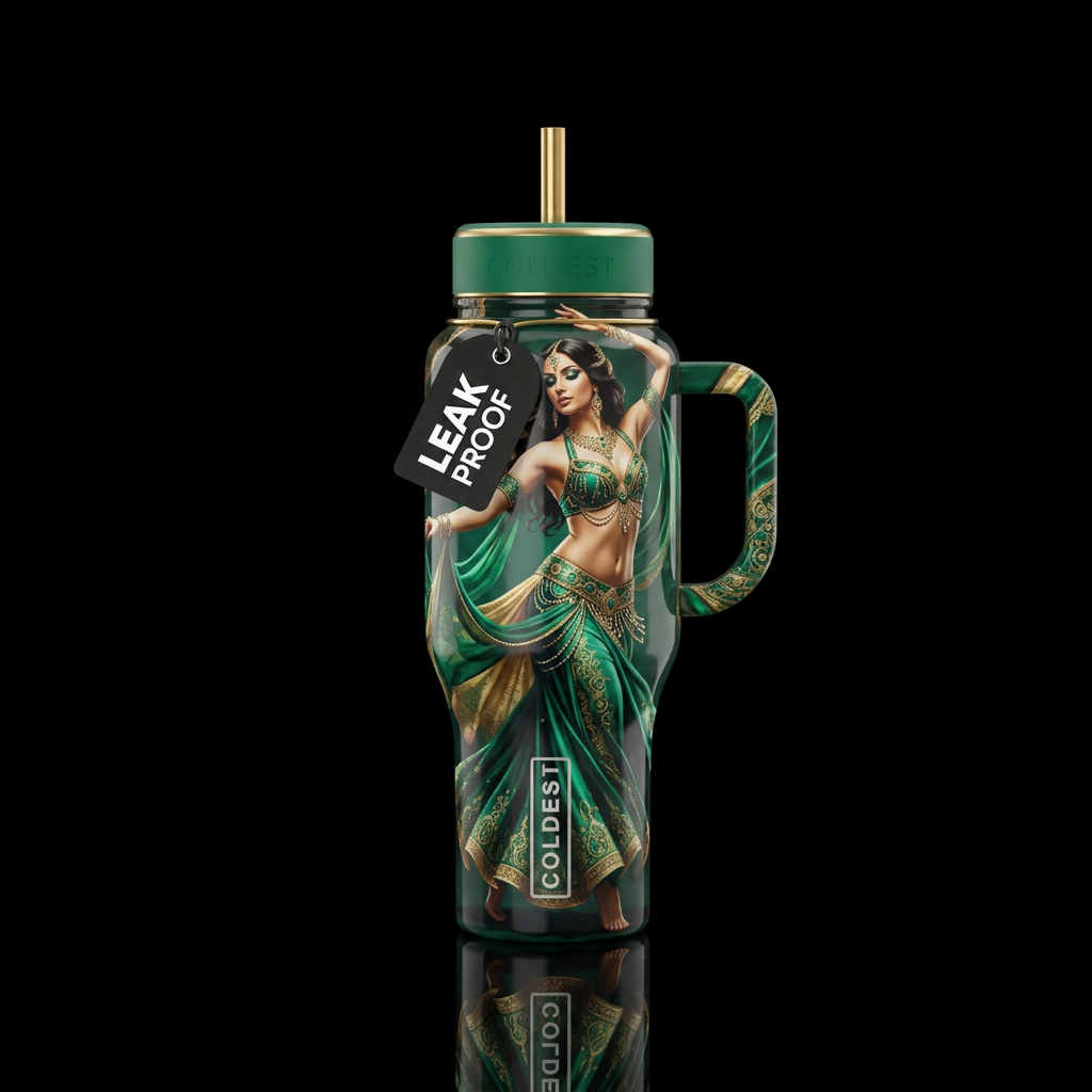 Belly dancer with tasteful costume in emerald gree... water bottle design