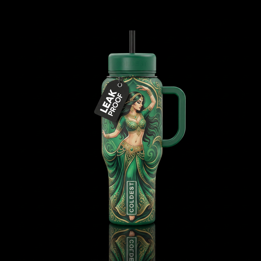 Belly dancer with tasteful costume in emerald gree... water bottle design