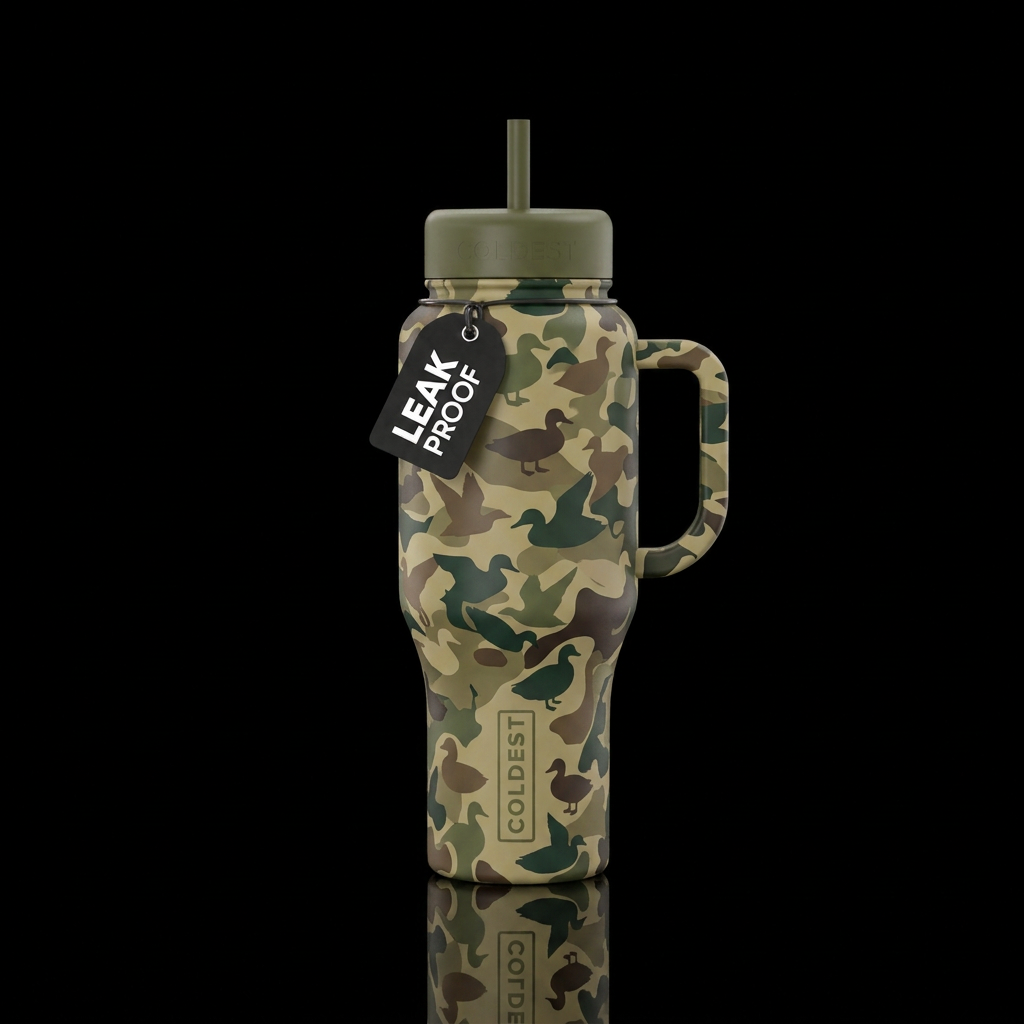 Camouflage using duck shapes in olive and other na... water bottle design