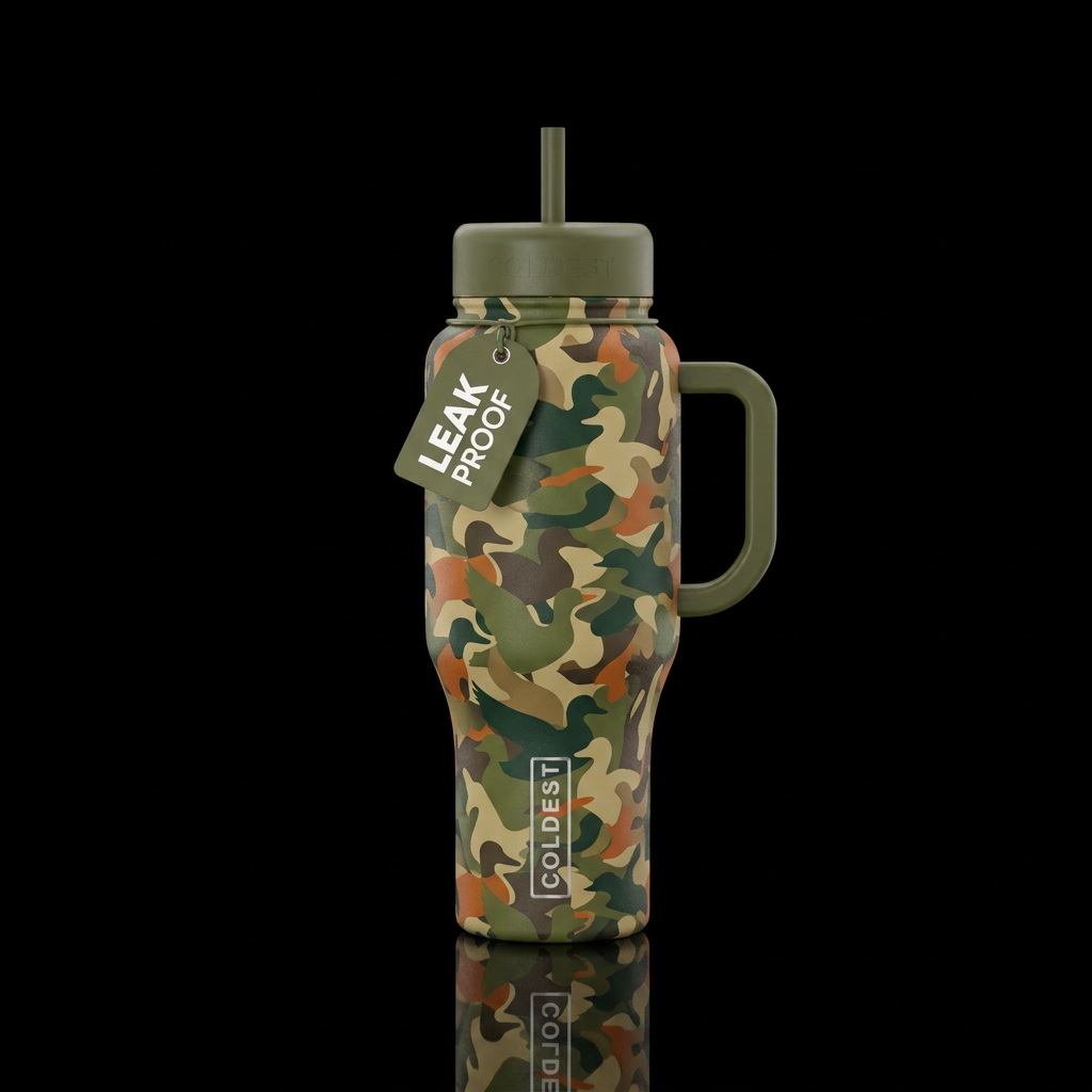 Camouflage using duck shapes in olive and other na... water bottle design