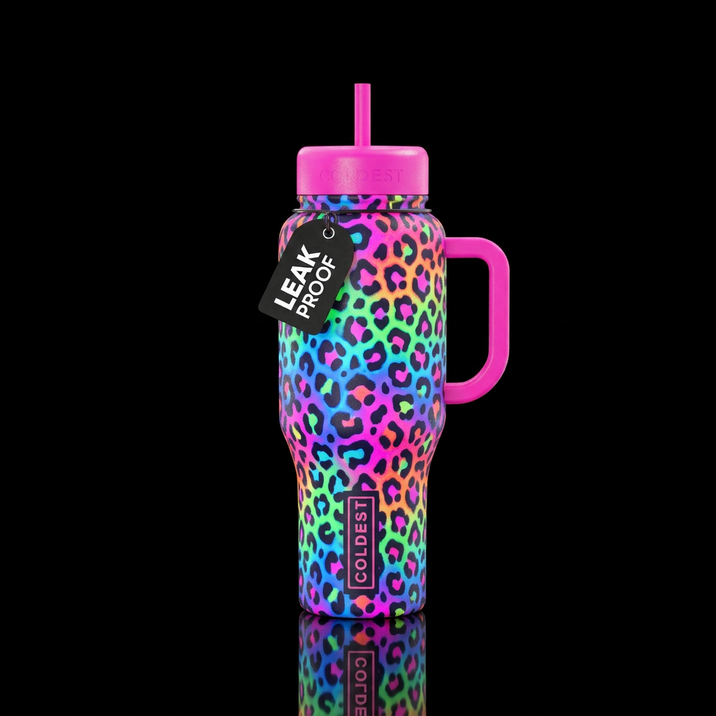 Neon leopard print water bottle design