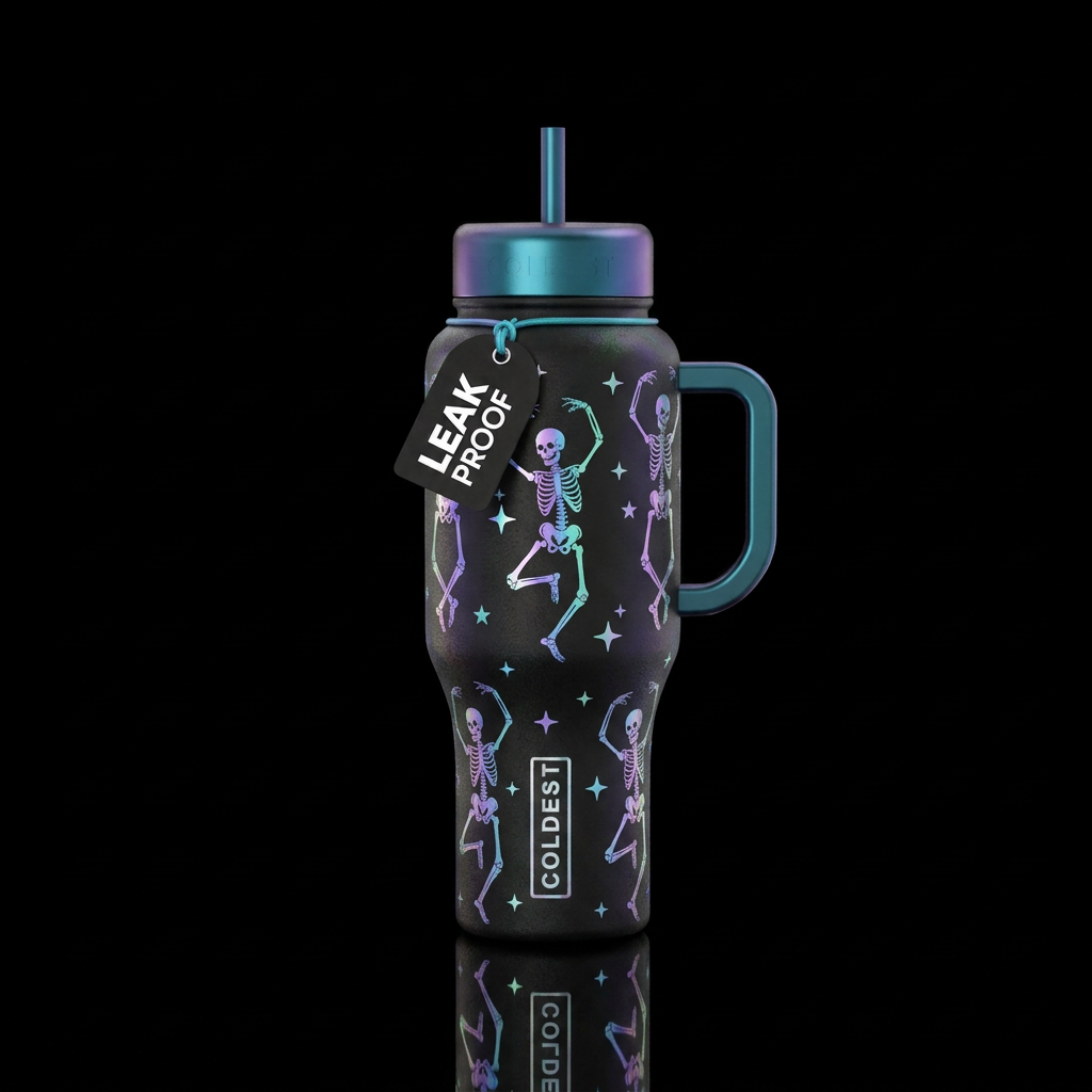 Iridescent skeletons dancing with random glowing s... water bottle design