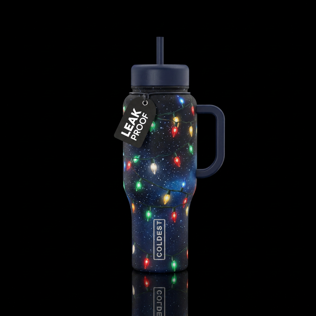 Christmas lights against a dark star filled sky water bottle design