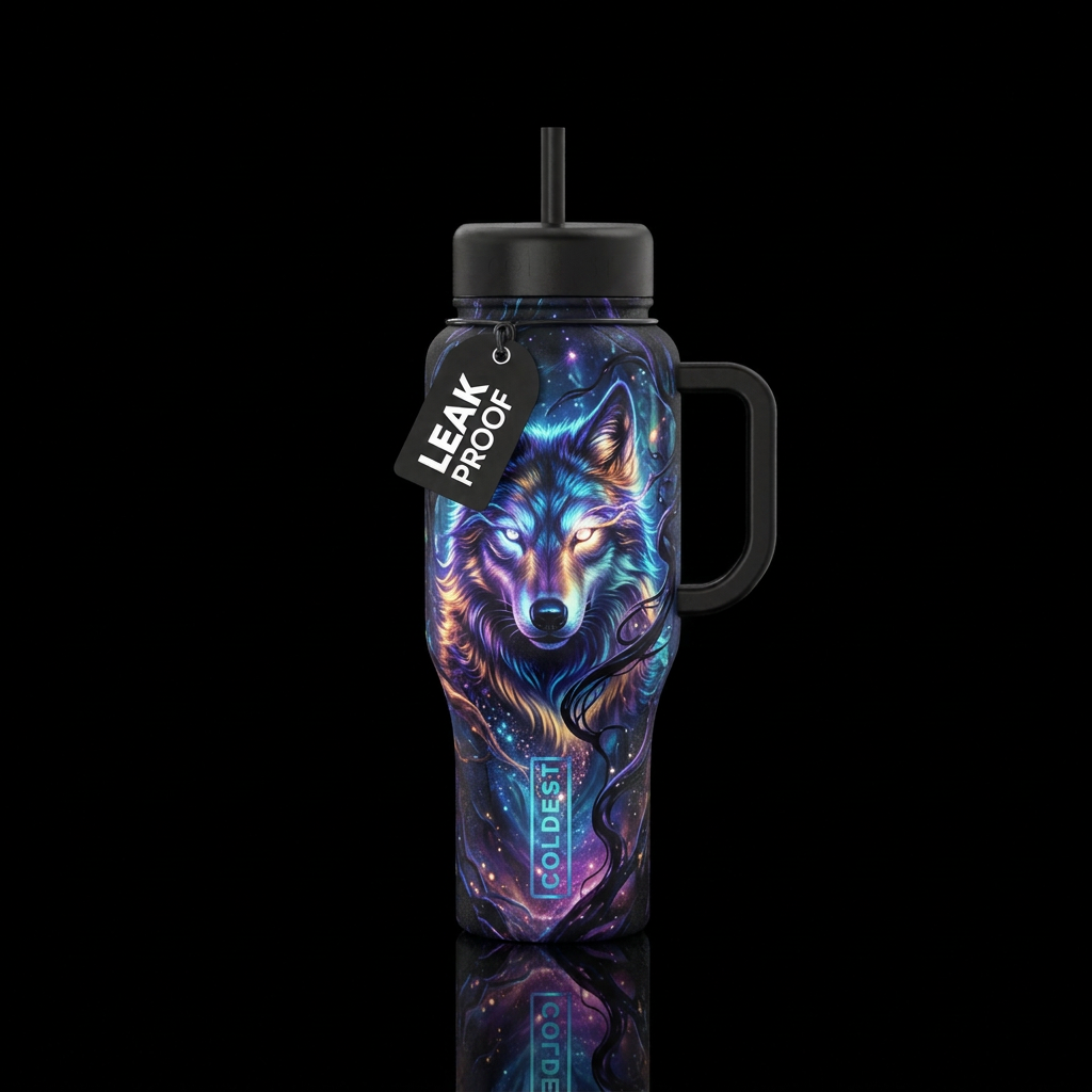 magical, fantasy, dark mood, darkness wolf water bottle design