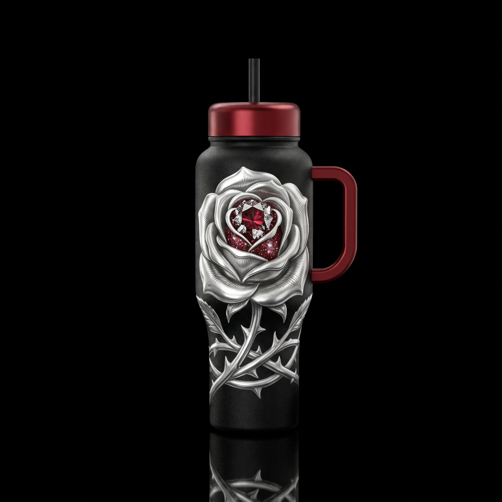 Silver metal rose with glittering dark red center ... water bottle design