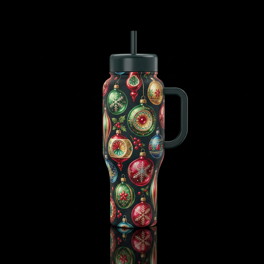 Vintage Christmas ornaments on dark background water bottle design