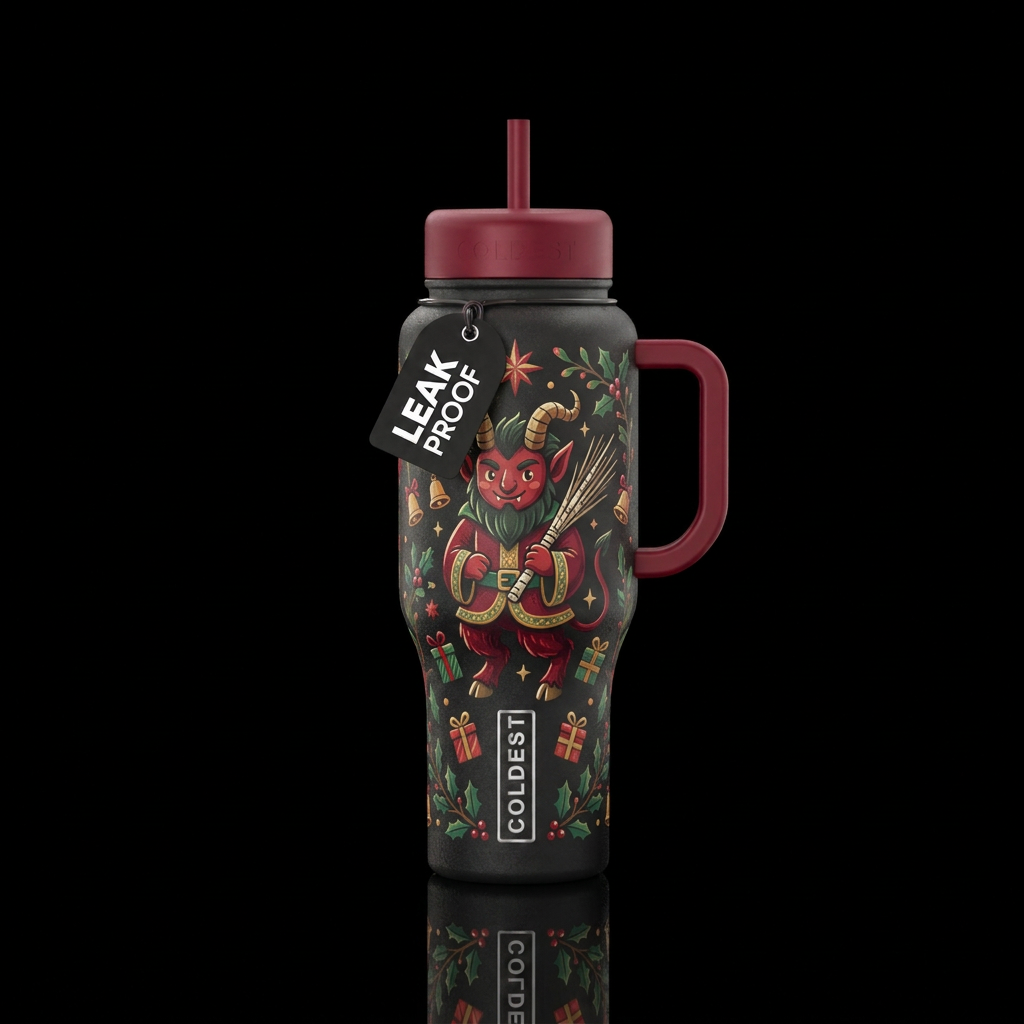 Krampus for Christmas not to scary water bottle design