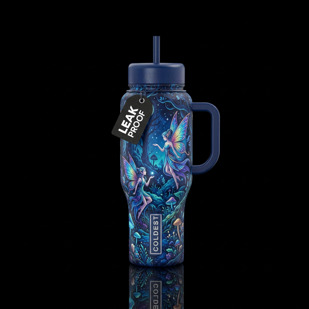 romantic, midnight blue,, fantasy, magical faries water bottle design
