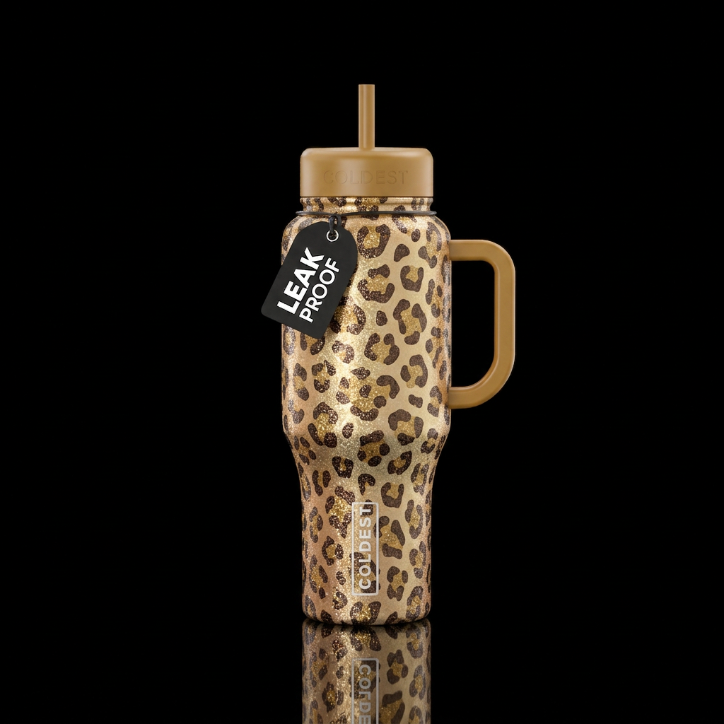 Metallic leopard with glitter, normal color water bottle design