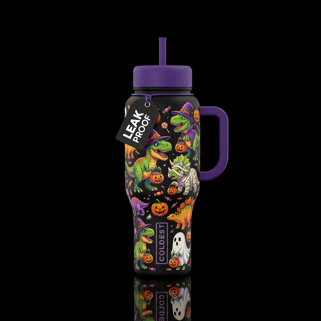 Baby dinosaur break or treating in costumes water bottle design