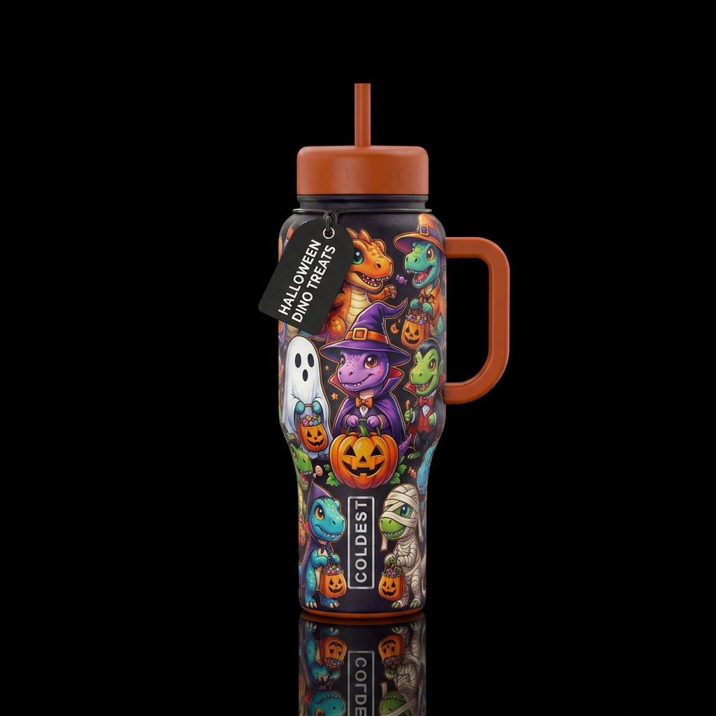 Baby dinosaur break or treating in costumes water bottle design