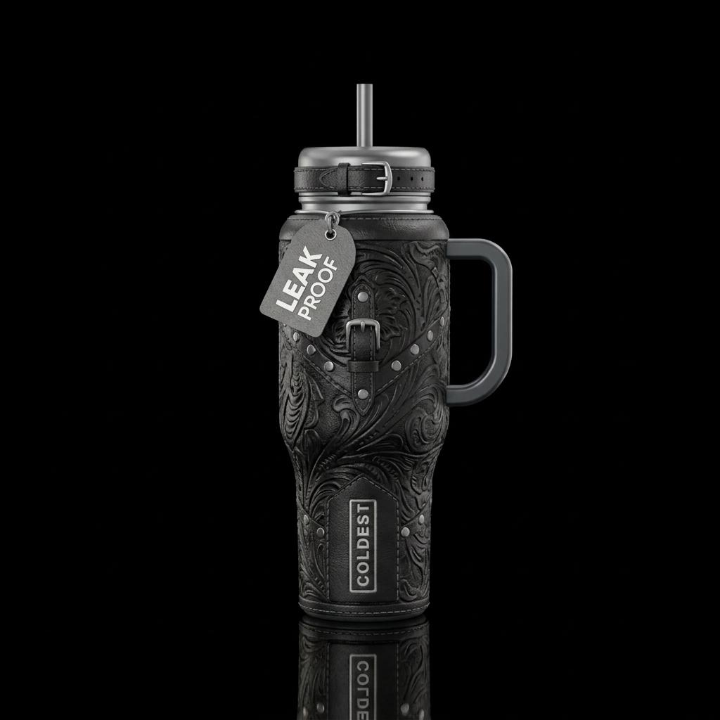 Black tooled leather with rivet and  accents in Gr... water bottle design