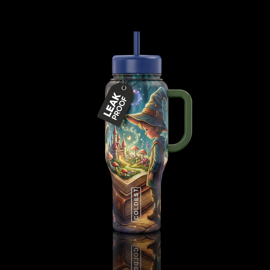 Open leather bound book with child with lopsided w... water bottle design