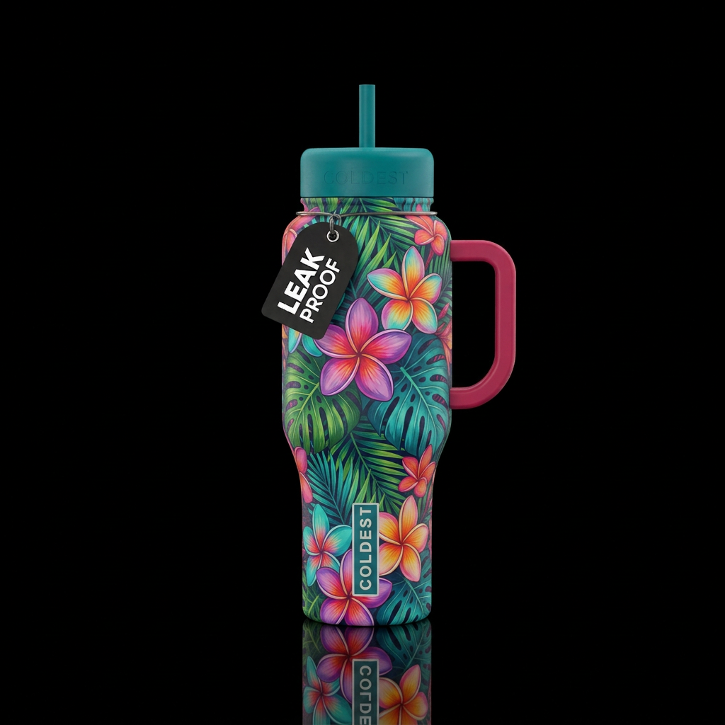 Plumiria in exotic colors on tropical background water bottle design