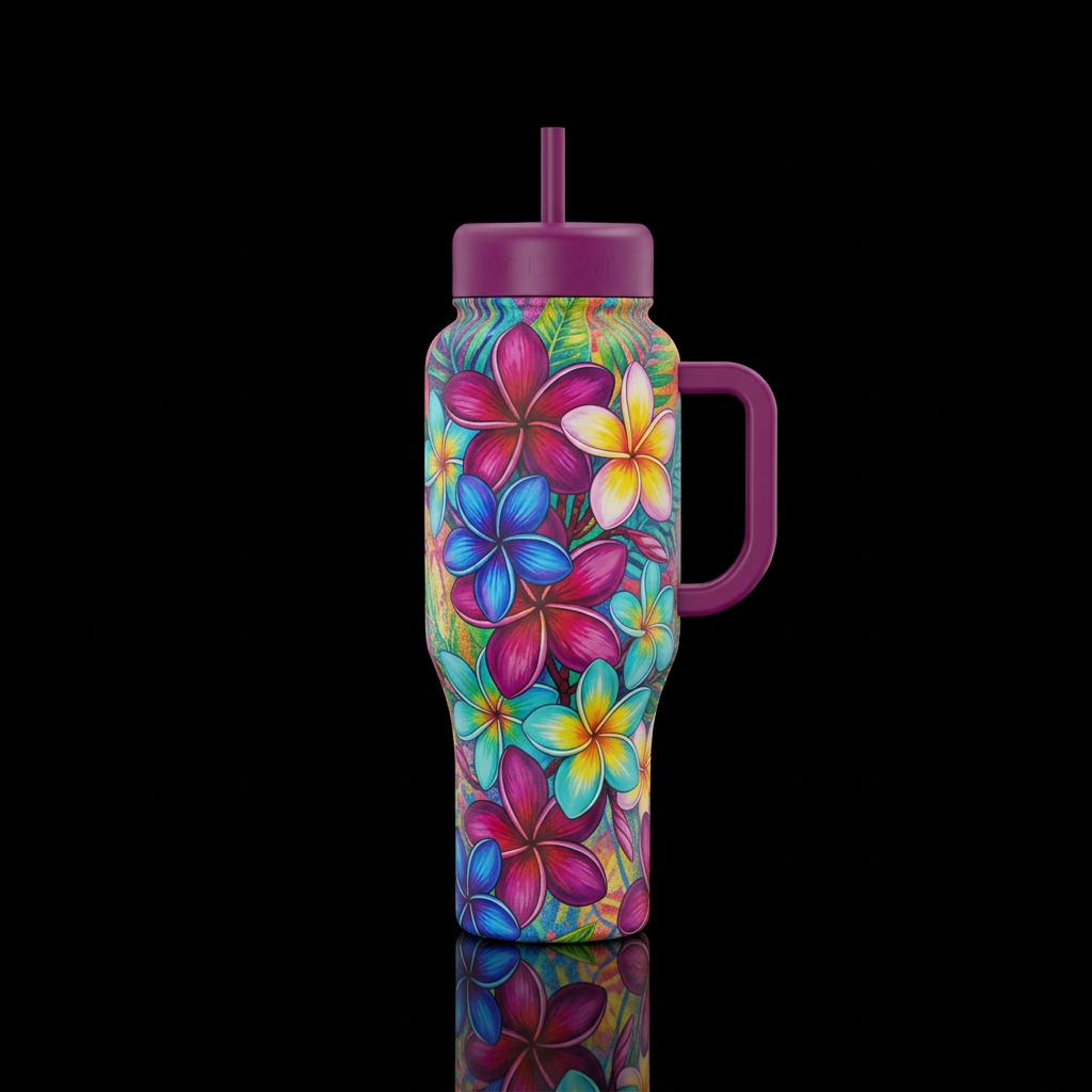 Plumiria in exotic colors on tropical background water bottle design