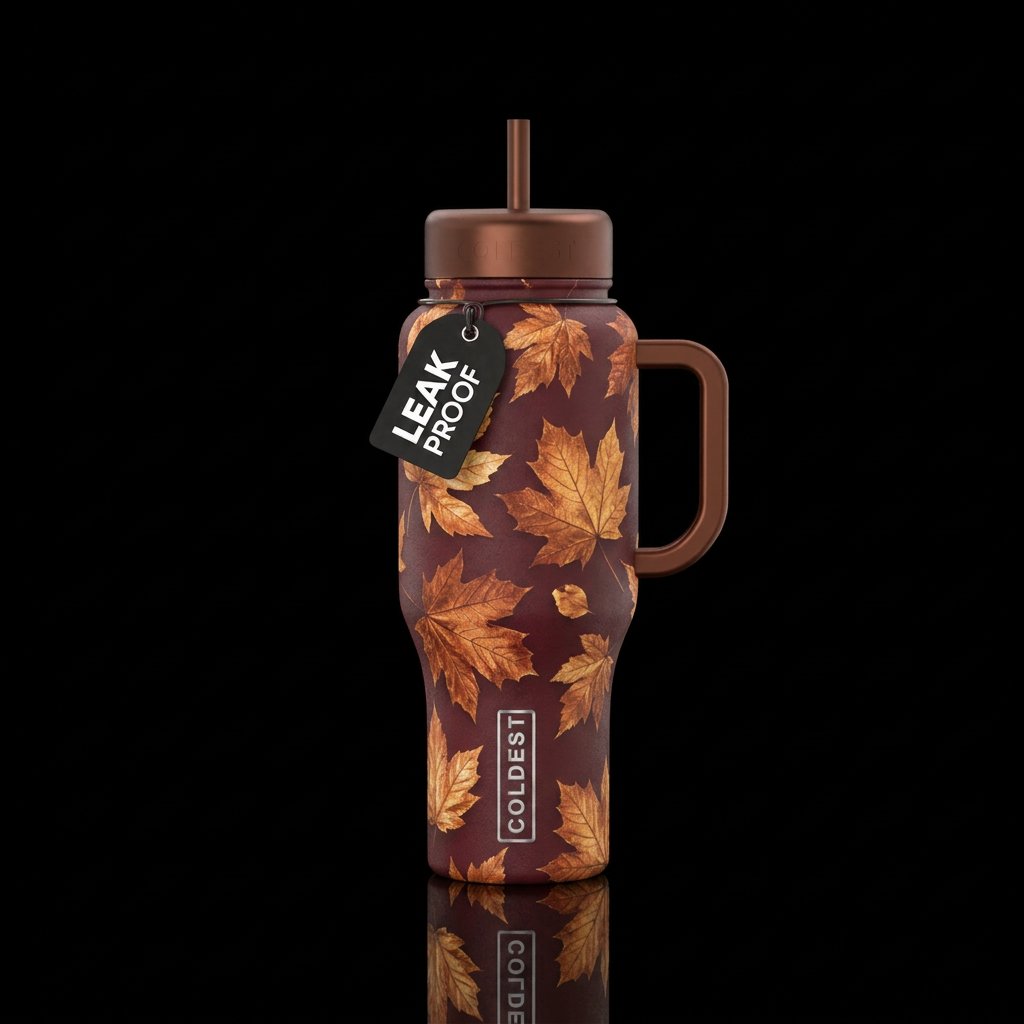 Fall leaves on maroon back ground coppers golds water bottle design