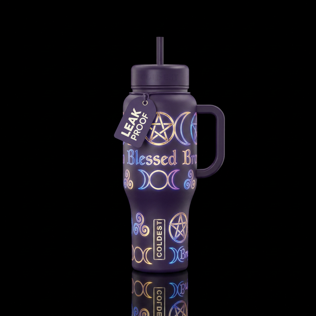 Wiccan symbols that glow with the words Blessed Br water bottle design