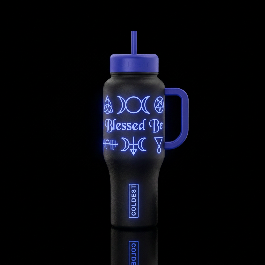 Wiccan symbols that glow with the words Blessed Br water bottle design