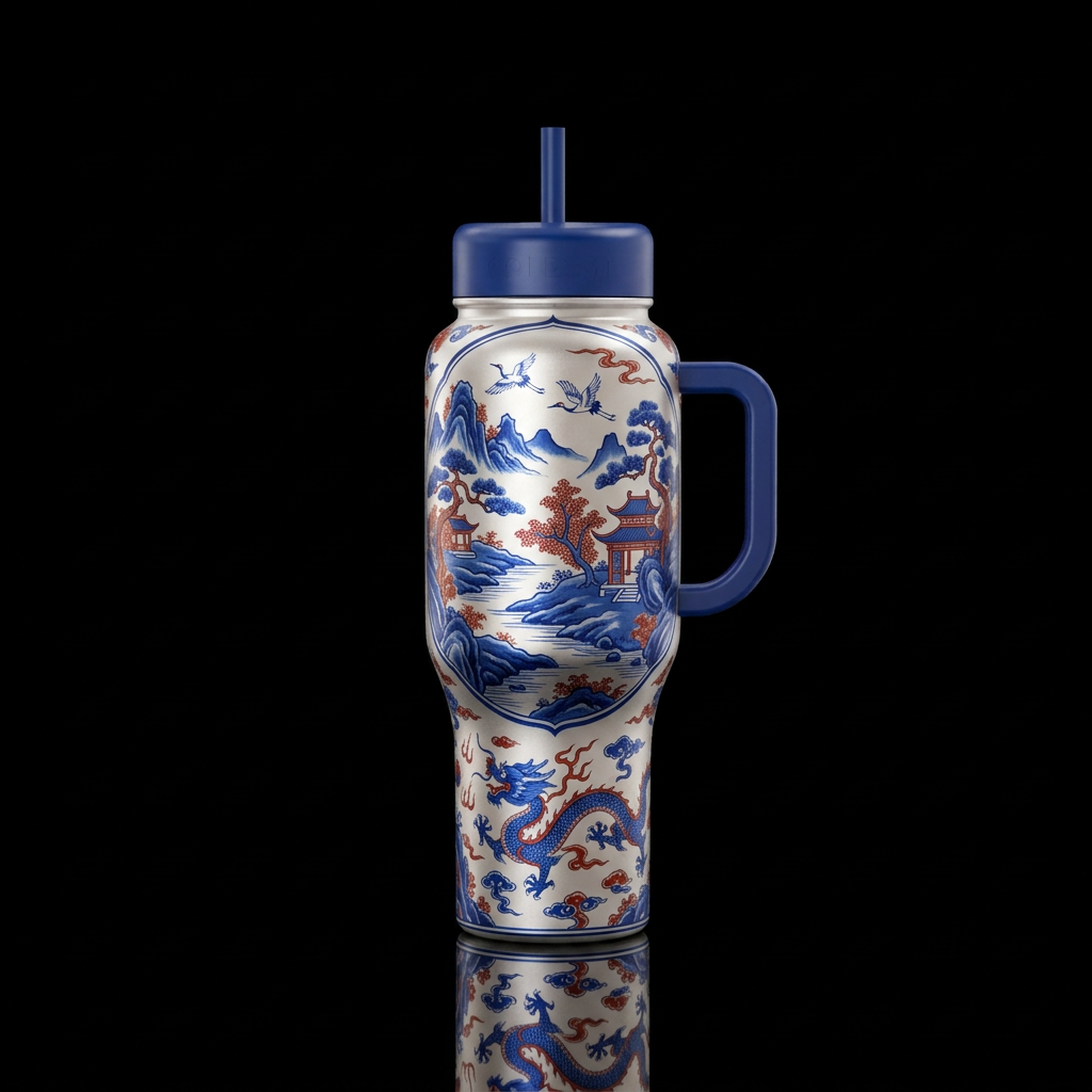 Reminiscent of the ming dynasty,  using appropriat... water bottle design