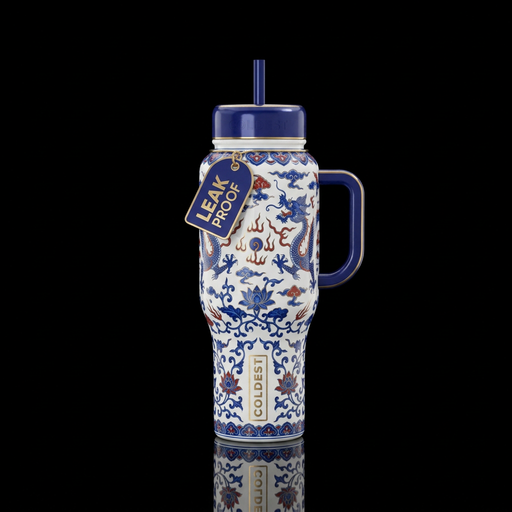 Reminiscent of the ming dynasty,  using appropriat... water bottle design