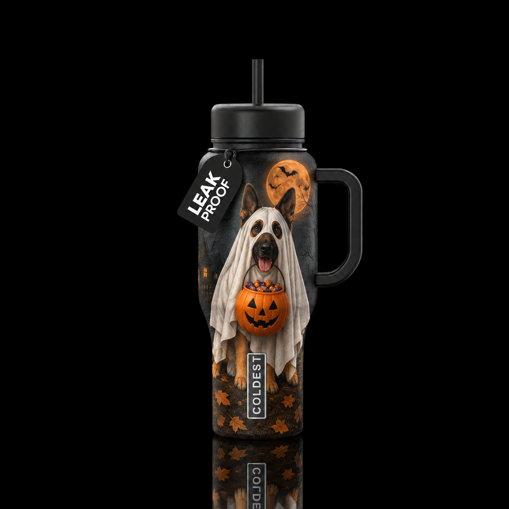 German Shepherd with ghost costume,  sheet with ey... water bottle design
