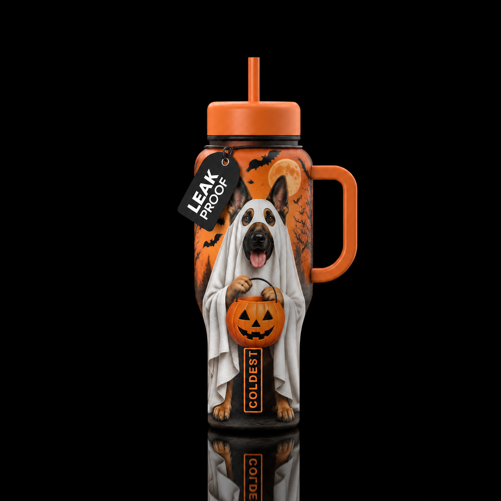 German Shepherd with ghost costume,  sheet with ey... water bottle design