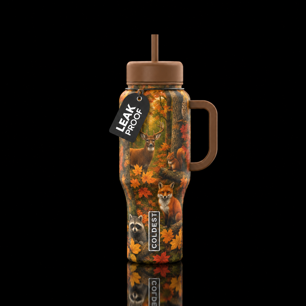 Fall day in woods with forest animals carefully hi... water bottle design