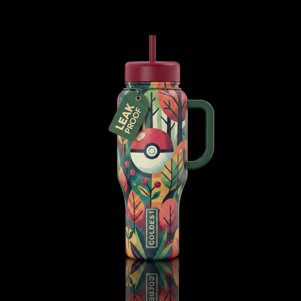 Poke Ball in a cute forest setting, abstract water bottle design