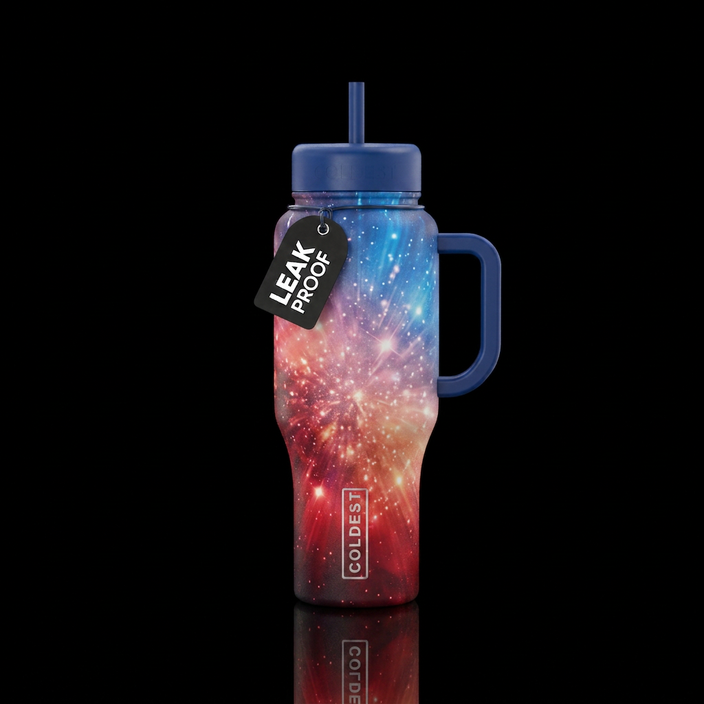 Red white and blue faded nova with blue handle and... water bottle design