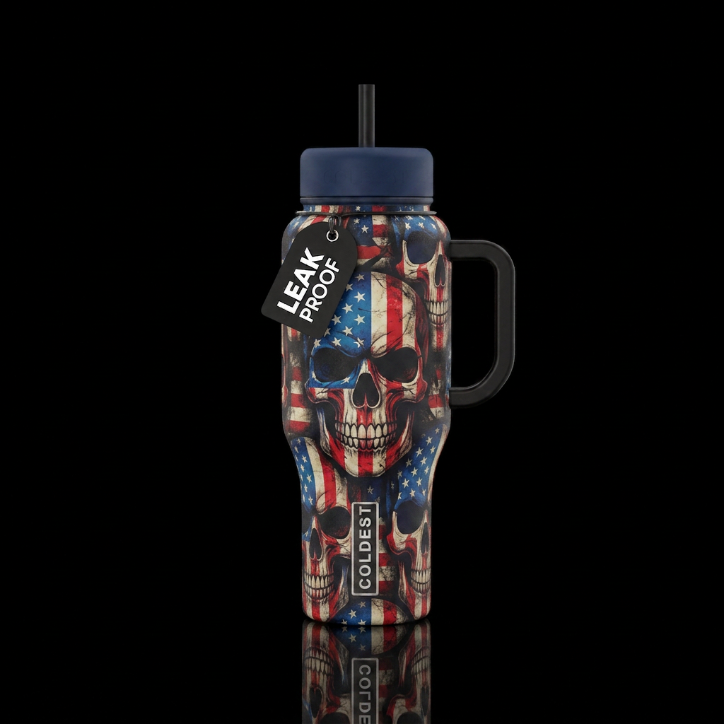 American flag on skulls water bottle design