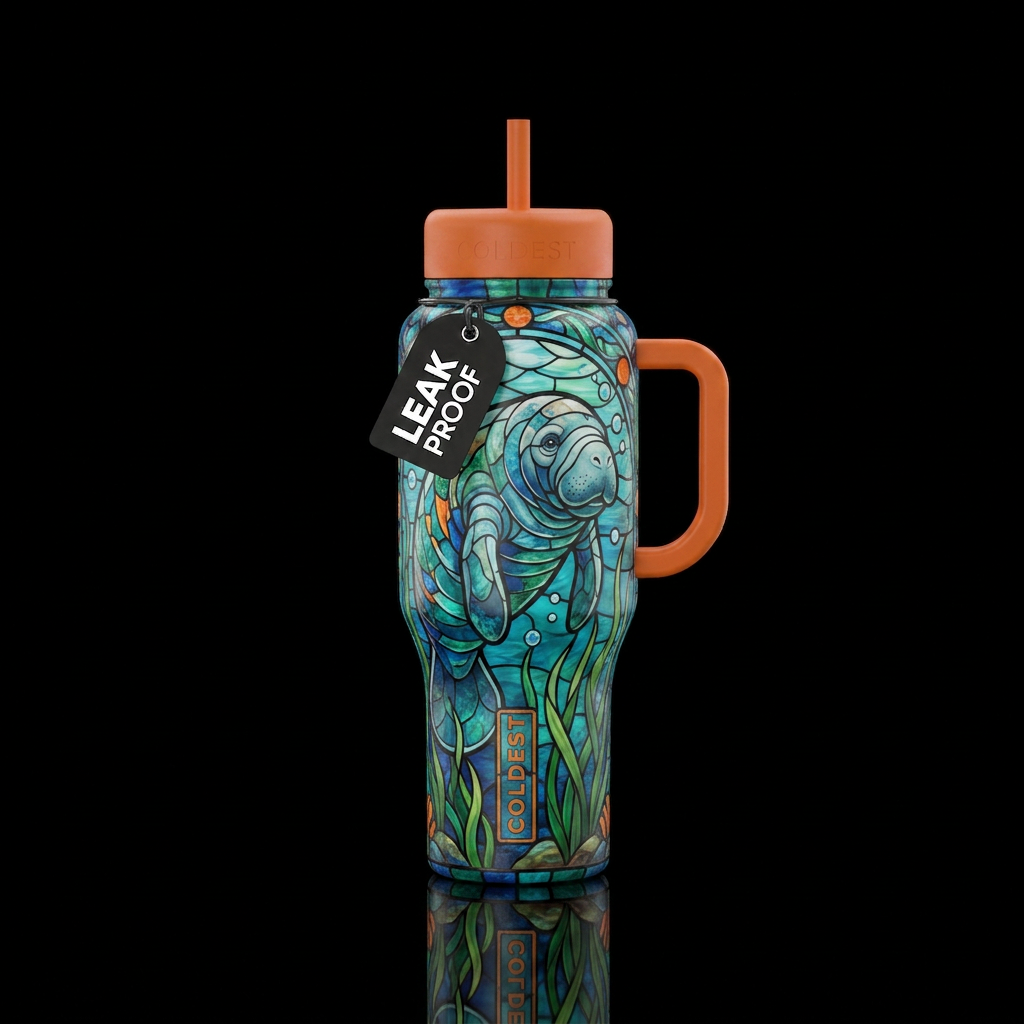 manatee, stained glass, orange accent water bottle design