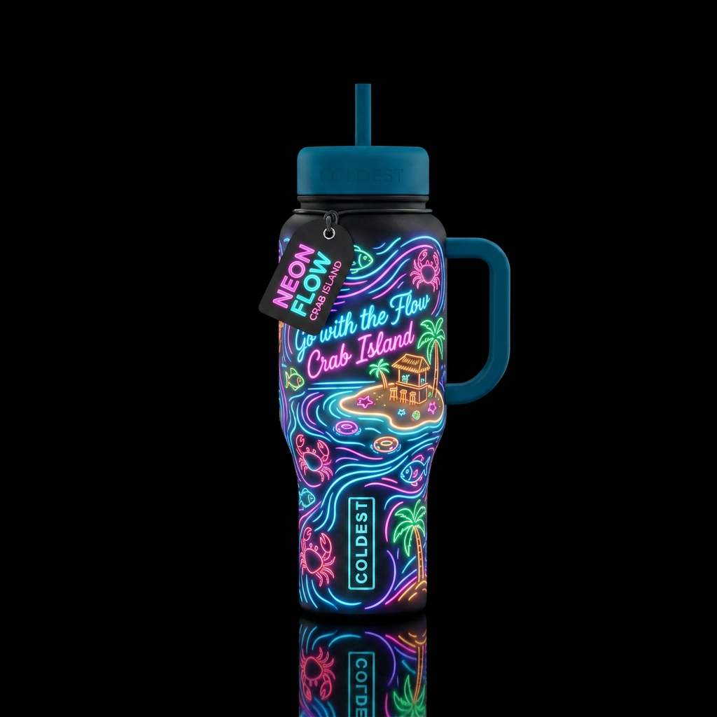 Go with the flow crab island, neon water bottle design