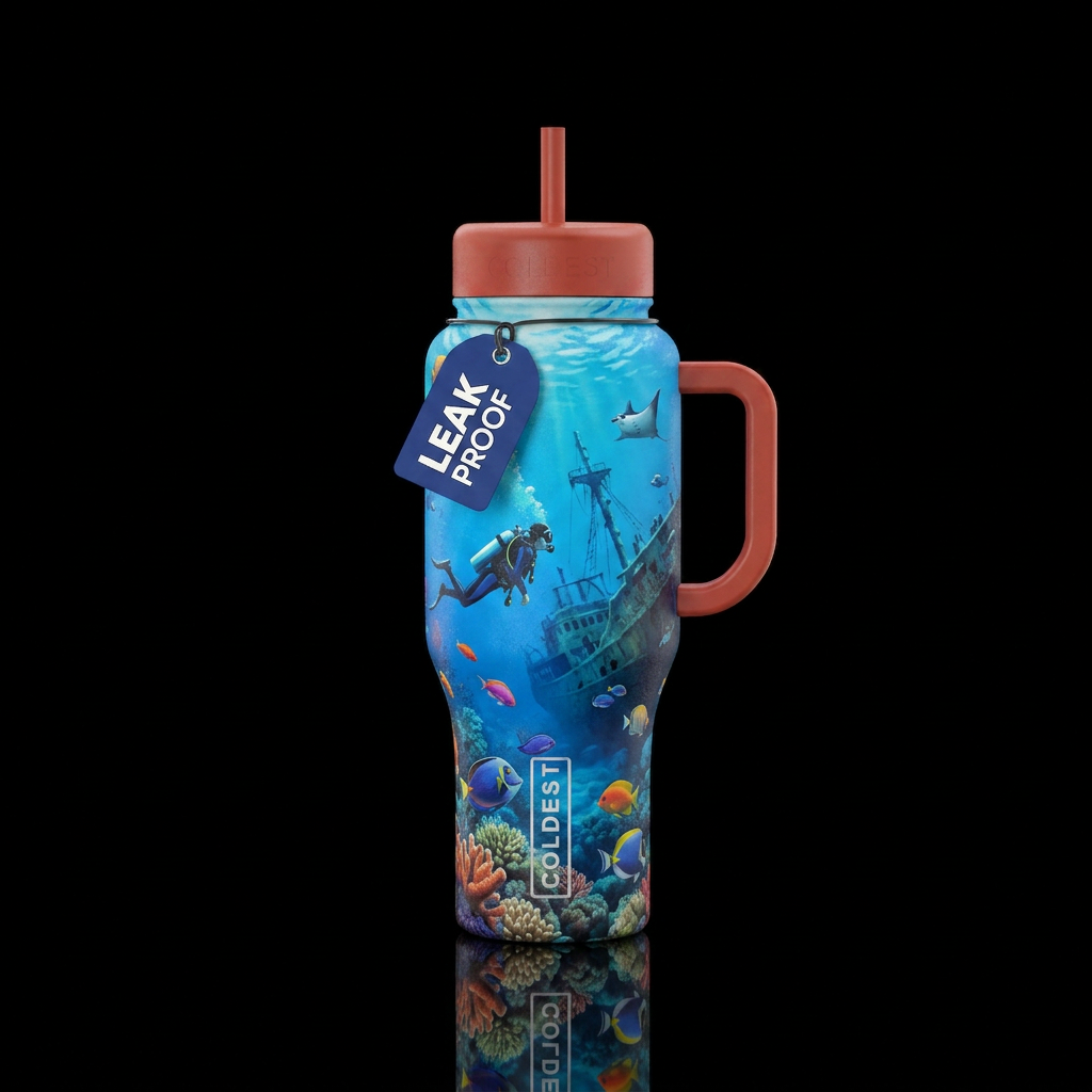 Scuba diving with vibrant sea creatures and a wrec... water bottle design
