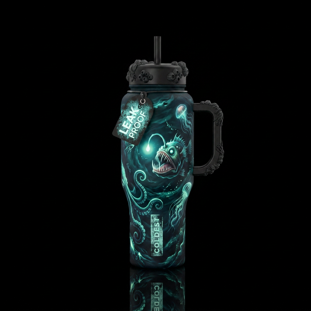 ocean, mythical, dark mood, scary, marine, glowie water bottle design
