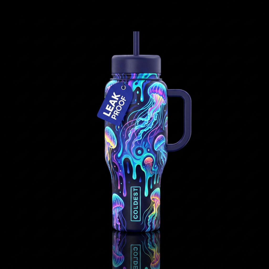 dripping, jellyfish, electric, whimsical, ocean water bottle design